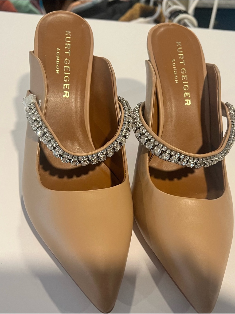 Kurt Geiger Tan Pointed-Toe Mule with Crystal Strap